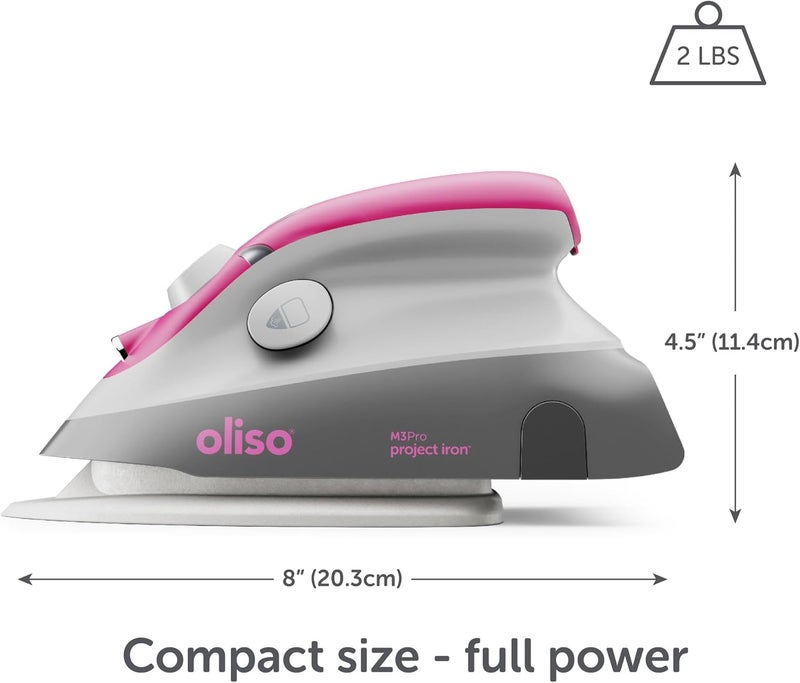 Oliso M3Pro Project Steam Iron with Solemate – 1000W Ceramic Soleplate Iron and LED Light for Sewing, Quilting, Crafting, and Travel – Raspberry - Image 2